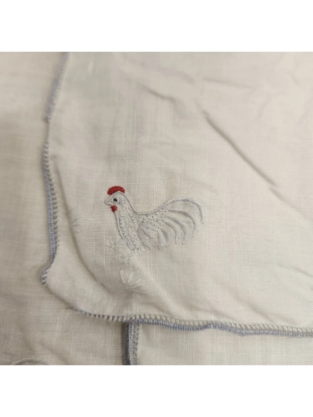 5 VTG Semi Sheer Linen Cocktail Napkins Hand Embroidered Roosters Madeira Style